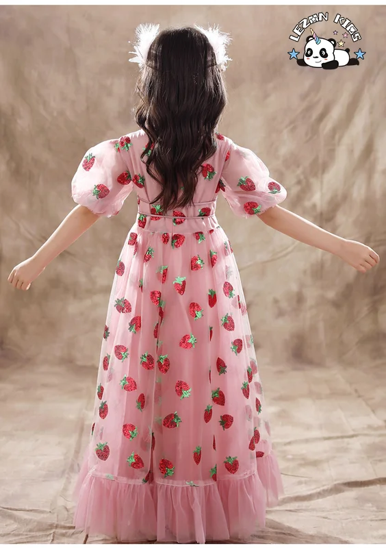 LEZONKIDS - Vestido de Tule com Brilho de Morango Rosa Personalizável para Meninas, Vestido de Festa de Aniversário para Crianças